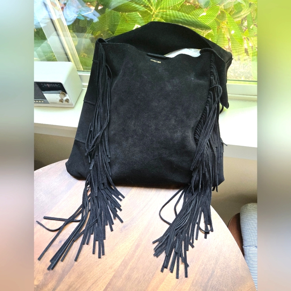 Johnny Was Black Fringe Suede Hobo Bag